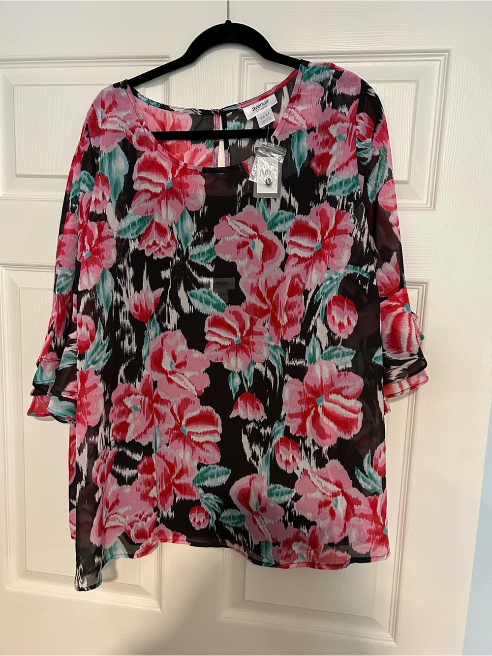 Avenue Black Sheer Floral Blouse with Pink and Green Roses